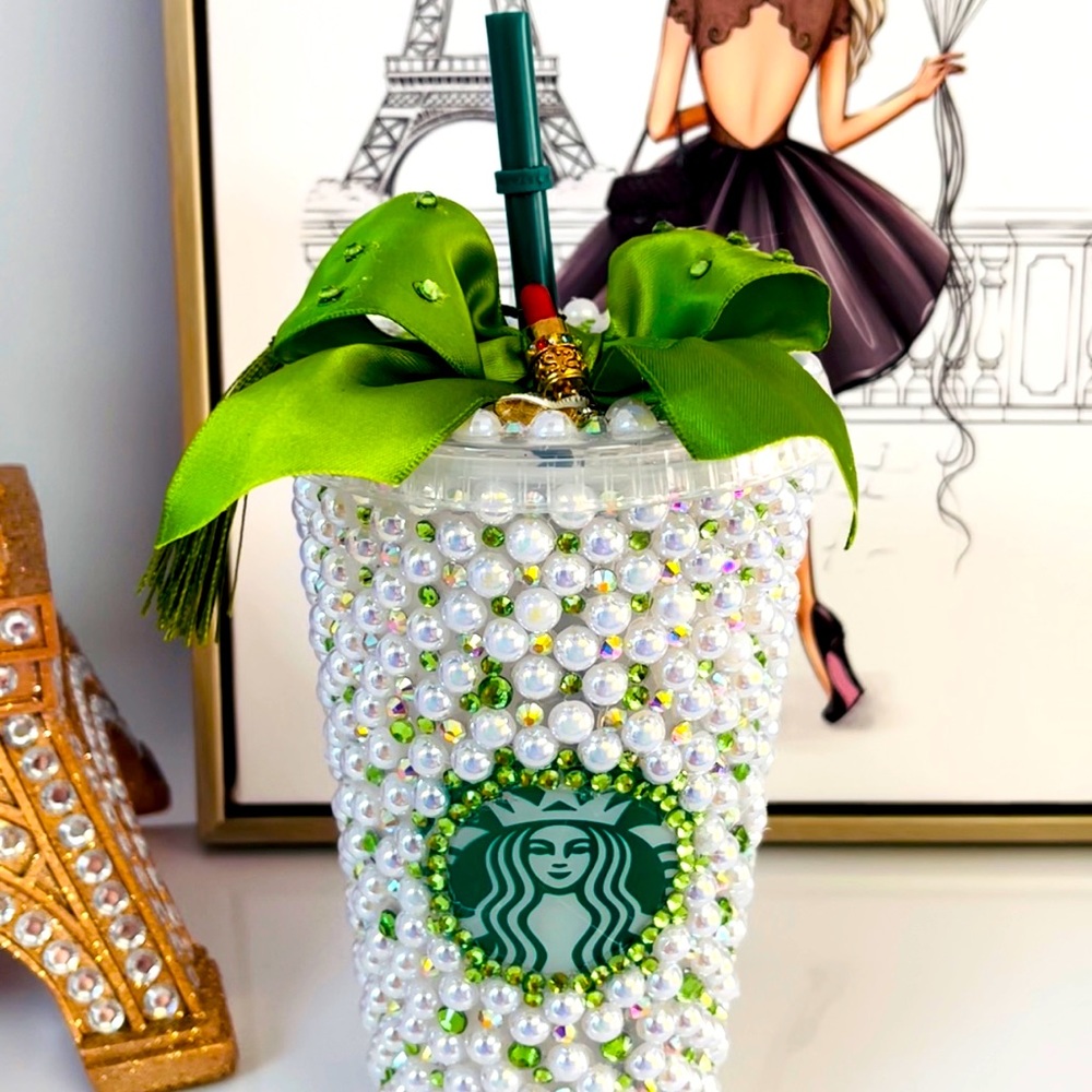 beautiful green starbucks tumbler decorated with pearls and rhinestones